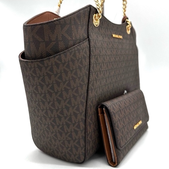 Michael Kors Large Jet Set Travel Chain Shoulder Bag & Trifold Wallet Brown - Picture 4 of 14